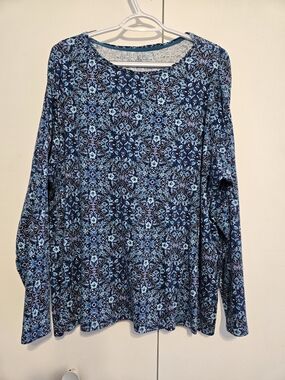 Croft & Barrow 3X Blue Floral Medallion Long Sleeve Top Plus Size Soft Stretch